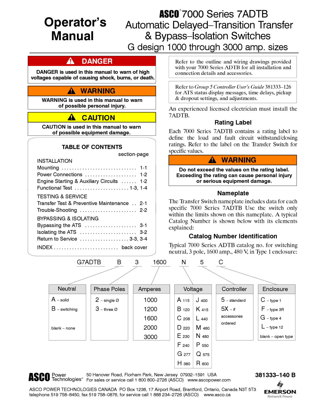 Emerson 7000 SERIES 7ADTB manual Rating Label, Nameplate, Catalog Number Identification, 1000 1200 1600 2000 3000 