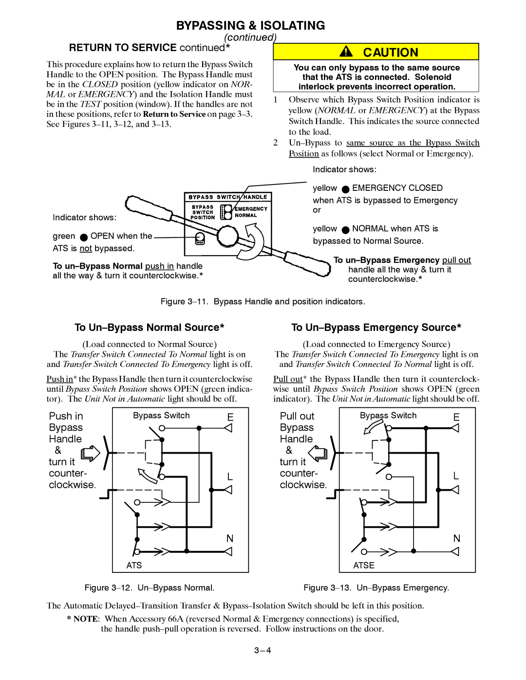 Emerson 7000 SERIES 7ADTB manual Return to Service, To Un-Bypass Normal Source, Bypass Handle Turn it Counter Clockwise 