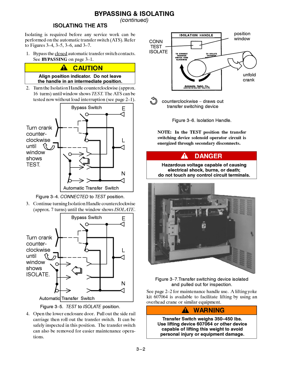 Emerson 7000 SERIES 7ADTB manual Isolating the ATS, Turn crank Counter Clockwise Until Window Shows, Conn, Test Isolate 