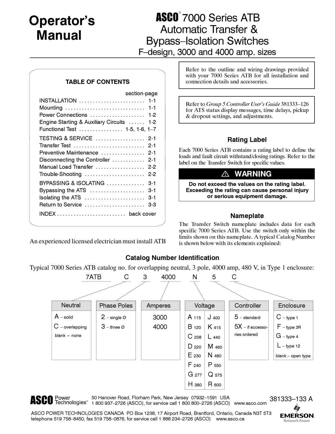 Emerson 7000 SERIES ATB manual Rating Label, Nameplate, Catalog Number Identification, 381333-133 a, Table of Contents 