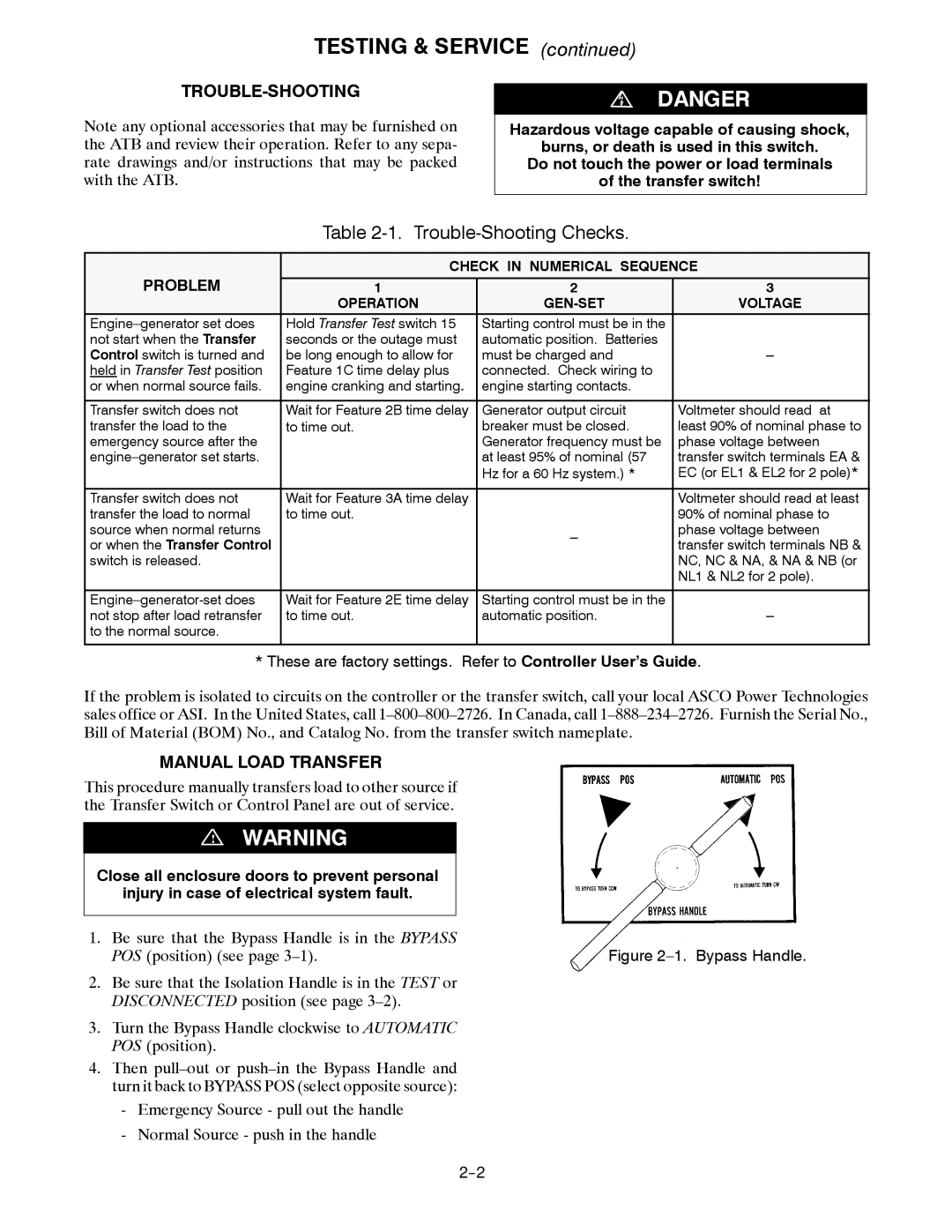 Emerson 7000 SERIES ATB manual Testing & Service, Trouble-Shooting, Manual Load Transfer 