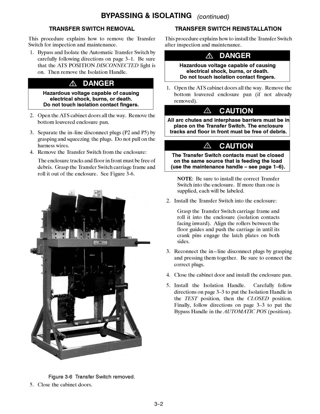 Emerson 7000 SERIES ATB manual Bypassing & Isolating, Transfer Switch Removal, Transfer Switch Reinstallation 