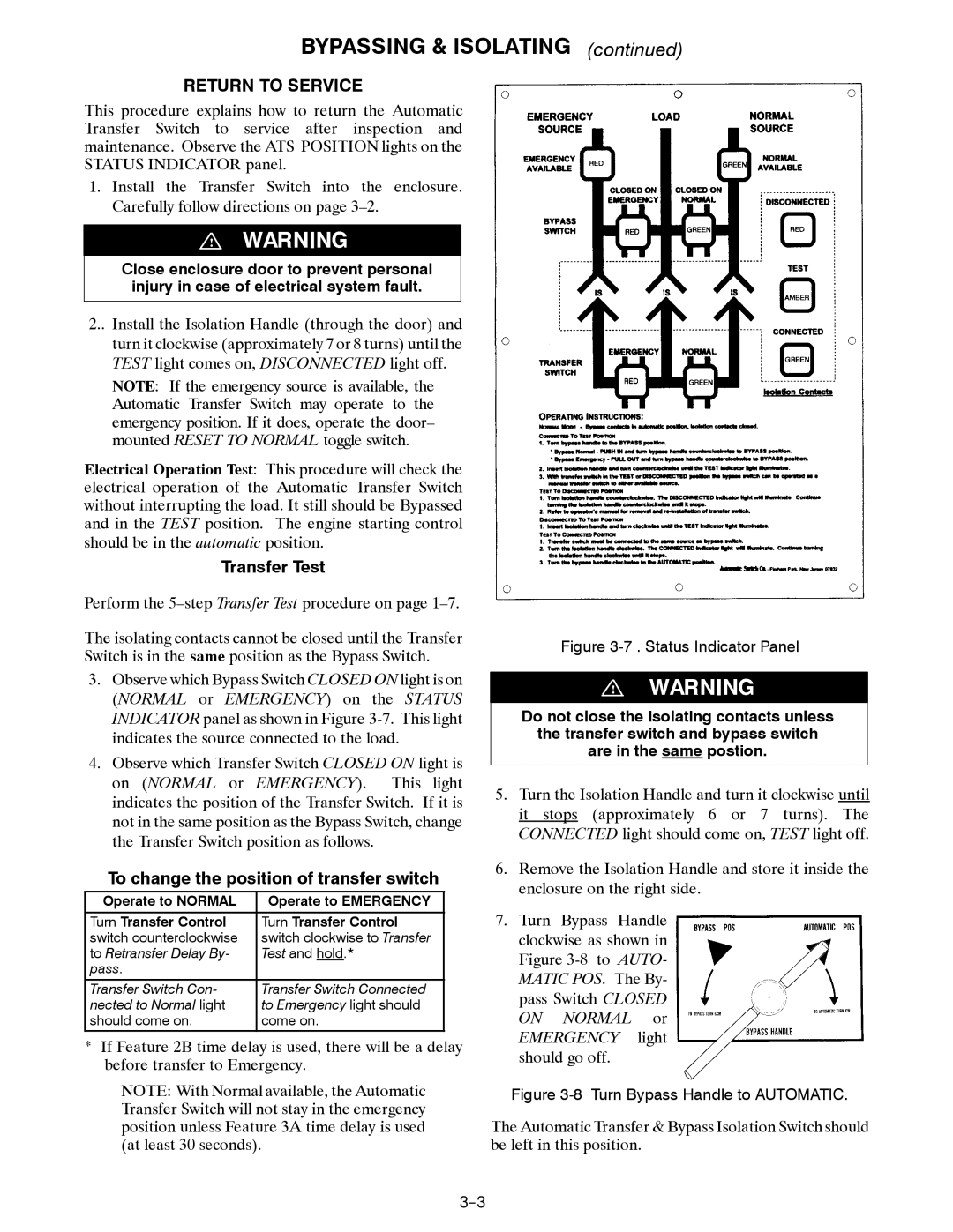 Emerson 7000 SERIES ATB manual Return to Service, Transfer Test, To change the position of transfer switch 