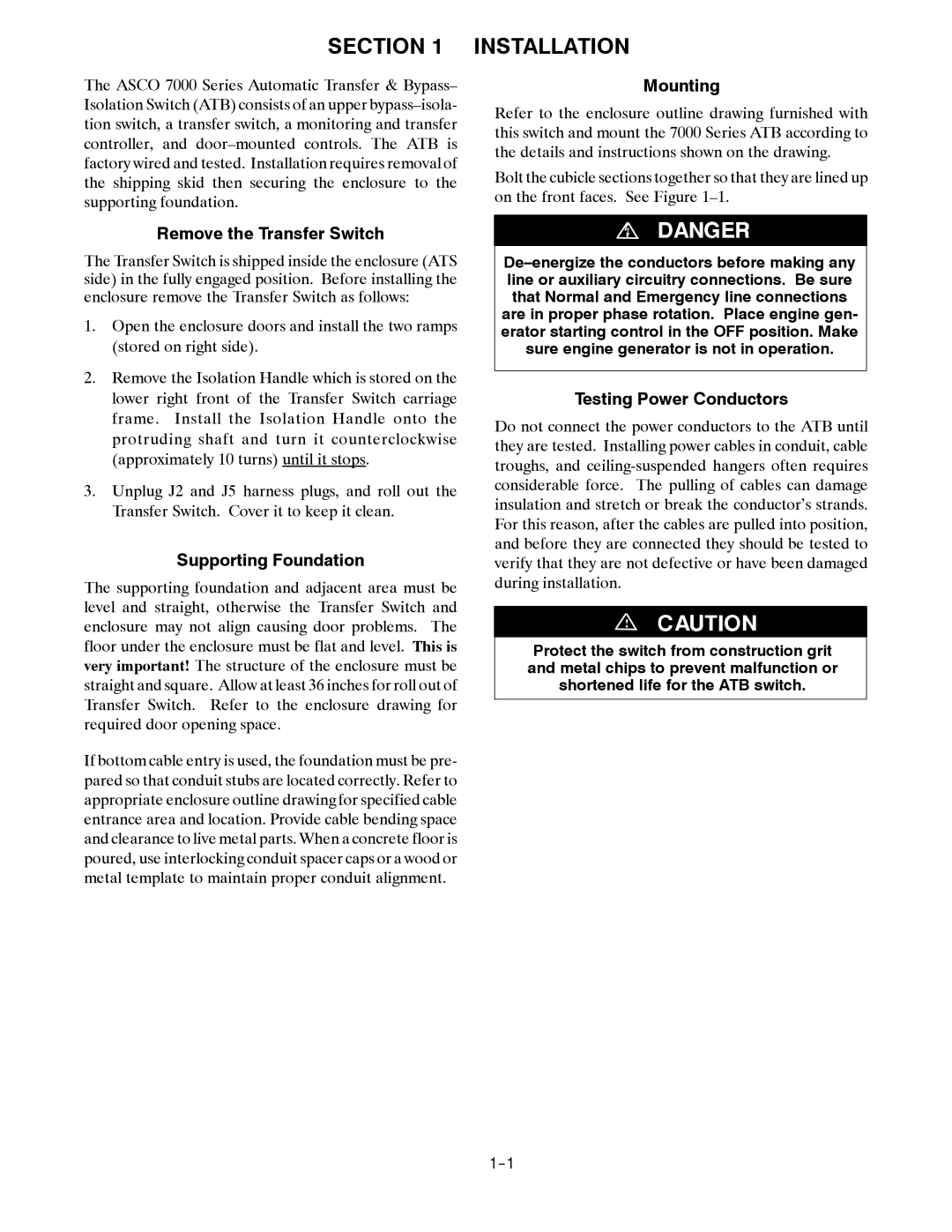 Emerson 7000 SERIES ATB manual Installation, Remove the Transfer Switch, Supporting Foundation, Mounting 