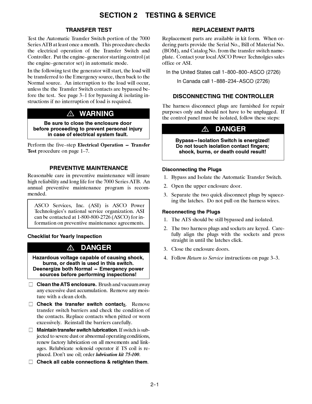 Emerson 7000 SERIES ATB manual Testing & Service, Transfer Test, Preventive Maintenance, Replacement Parts 