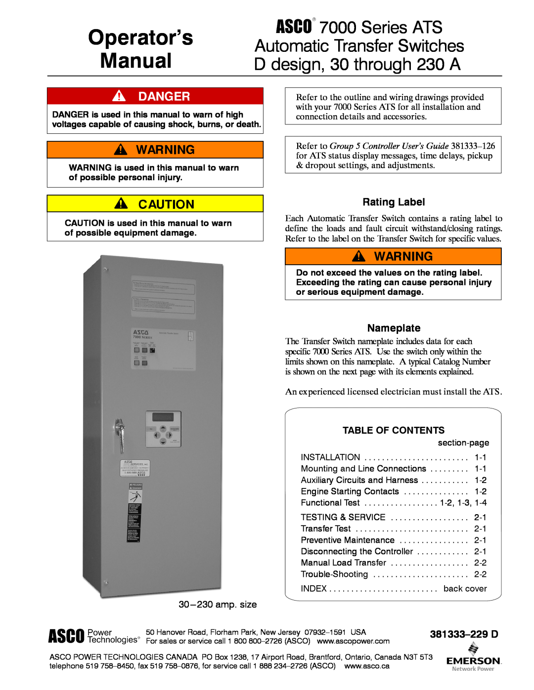 Emerson 7000 manual Rating Label, Nameplate, 30---230 amp. size, Table Of Contents, 381333-229 D, Operator’s Manual 