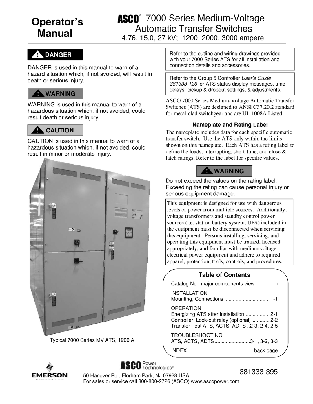 Emerson 7000 manual Operator’s 