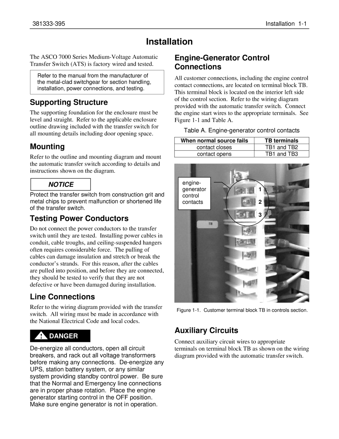 Emerson 7000 manual Supporting Structure, Mounting, Testing Power Conductors, Line Connections, Auxiliary Circuits 