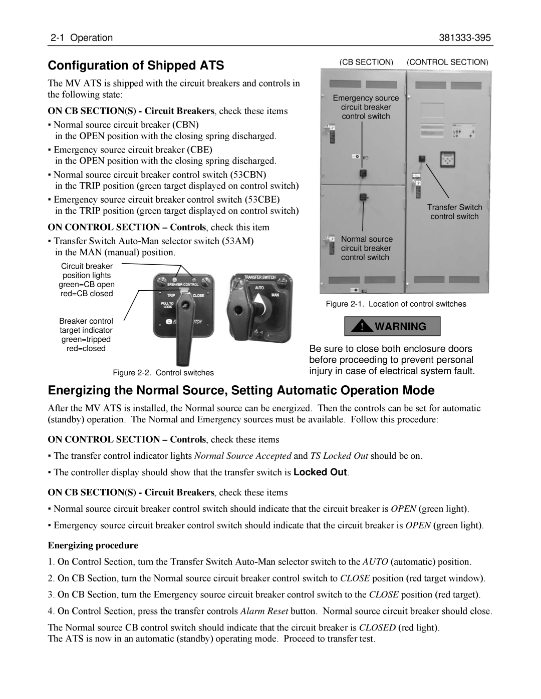 Emerson 7000 manual Configuration of Shipped ATS, On CB Sections Circuit Breakers, check these items 