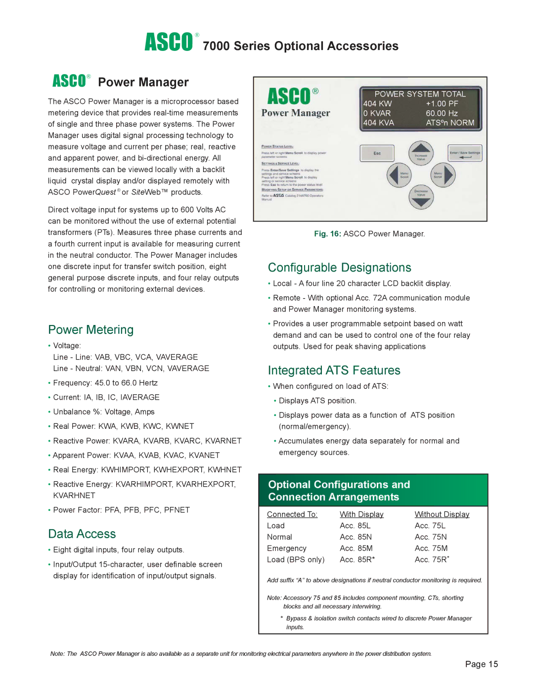 Emerson manual Asco 7000 Series Optional Accessories Asco Power Manager, Configurable Designations, Power Metering 