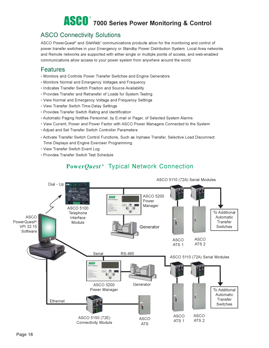 Emerson manual Asco 7000 Series Power Monitoring & Control, Asco Connectivity Solutions, Features 