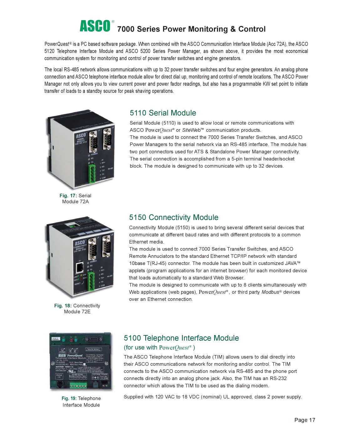 Emerson 7000 manual Serial Module, Connectivity Module, Telephone Interface Module, Module 72A 