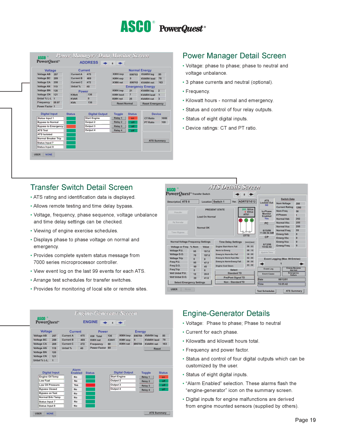 Emerson 7000 manual Power Manager Detail Screen, Transfer Switch Detail Screen, Engine-Generator Details 