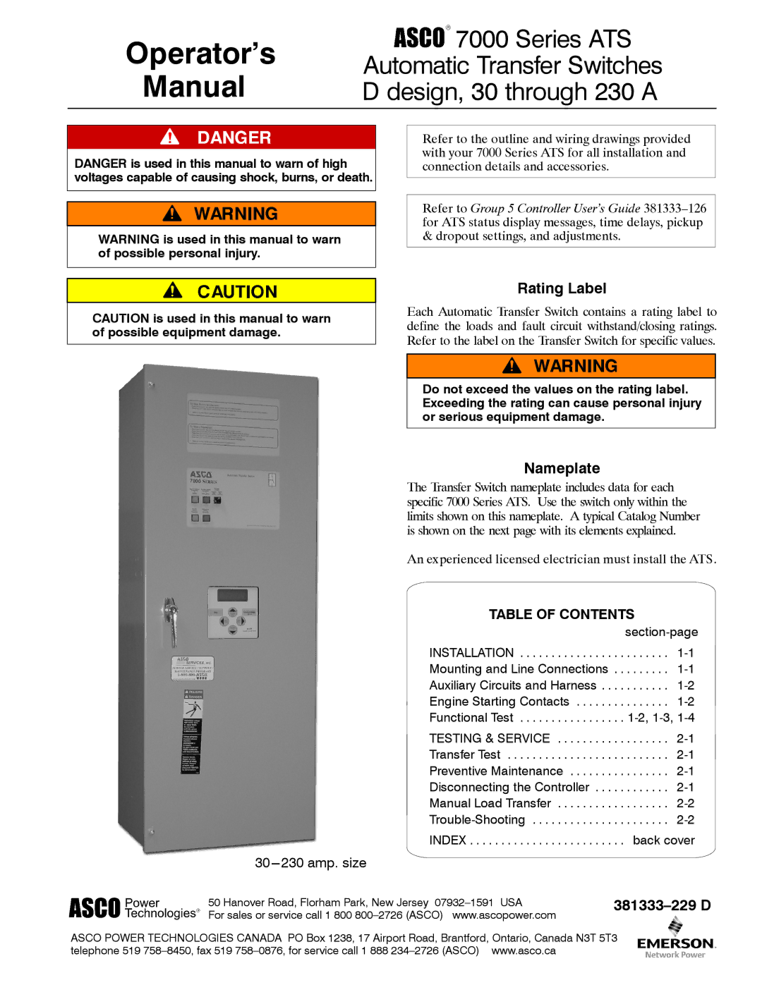 Emerson 7000 manual Rating Label, Nameplate, Table of Contents 