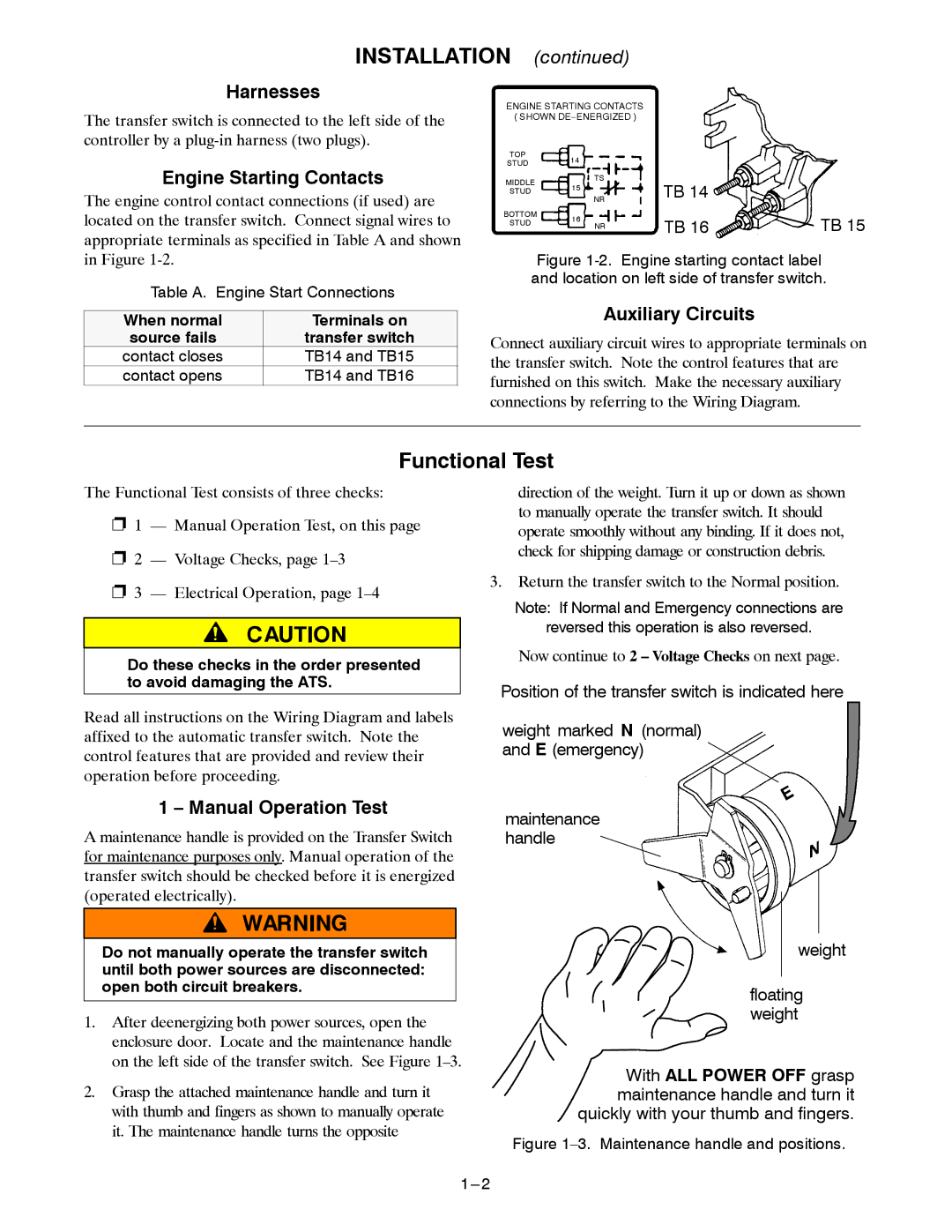 Emerson 7000 Harnesses, Engine Starting Contacts, Auxiliary Circuits, Manual Operation Test, Source fails Transfer switch 