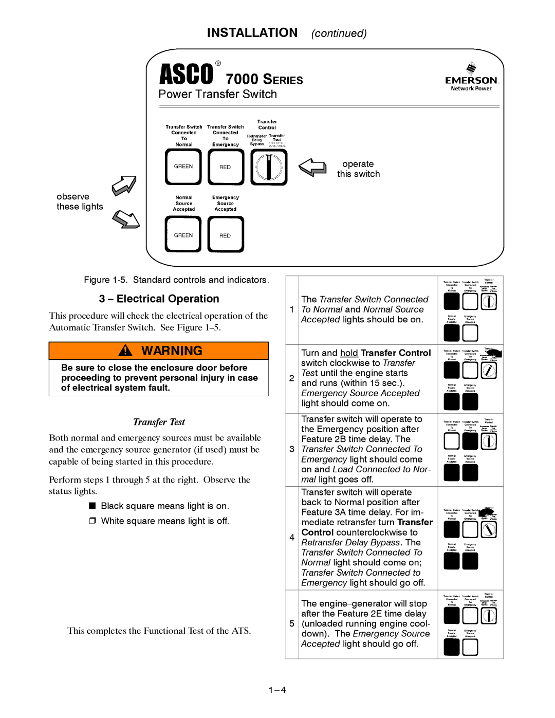 Emerson 7000 manual Electrical Operation, Turn and hold Transfer Control switch clockwise to Transfer 