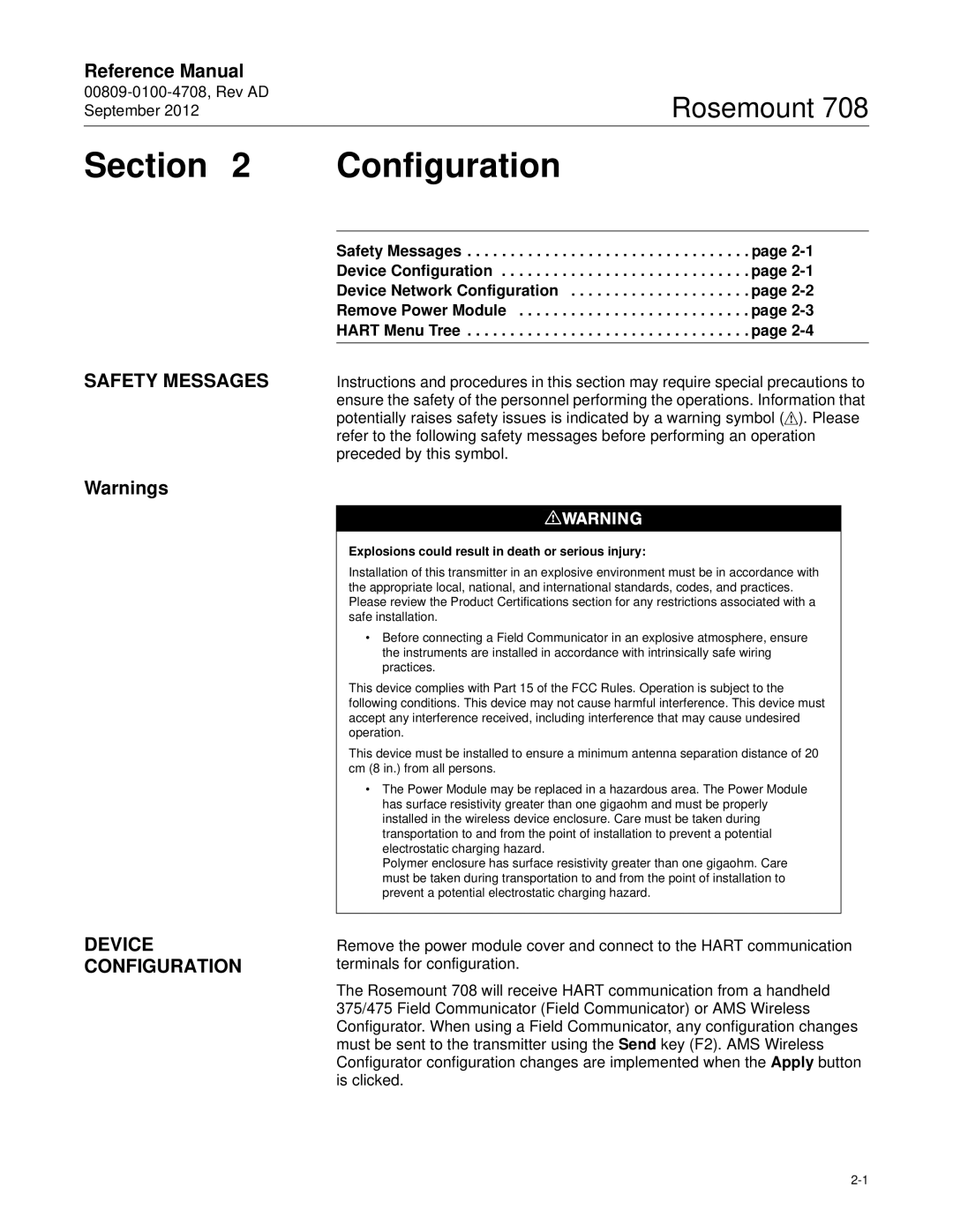 Emerson 708 manual Section Configuration, Safety Messages Device Configuration 