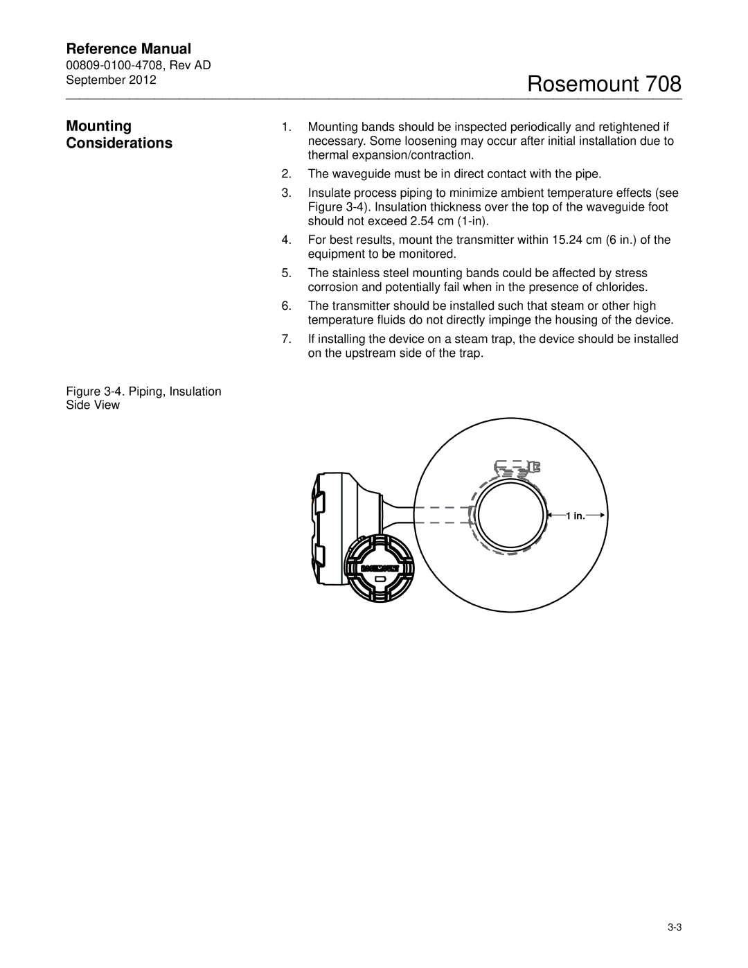 Emerson 708 manual Mounting Considerations, Piping, Insulation Side View 