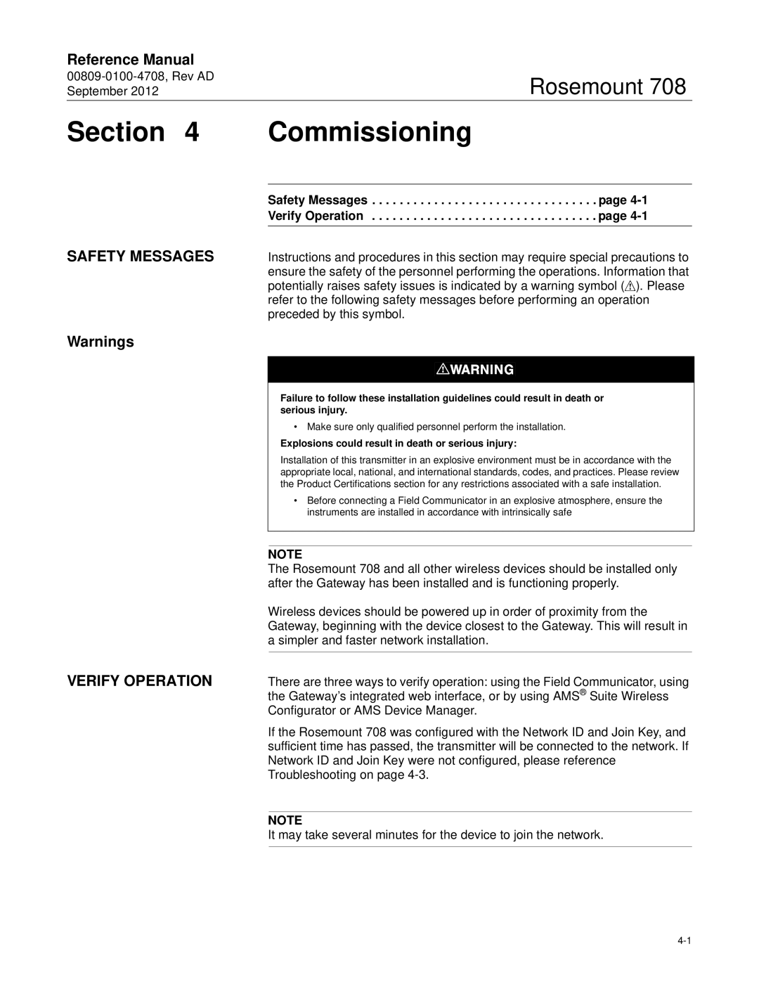 Emerson 708 manual Commissioning, Verify Operation 