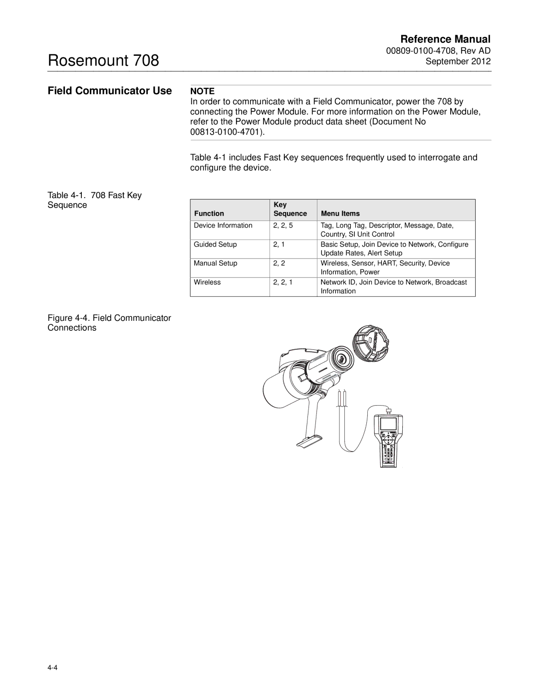 Emerson 708 manual Field Communicator Use, Key Function Sequence Menu Items 