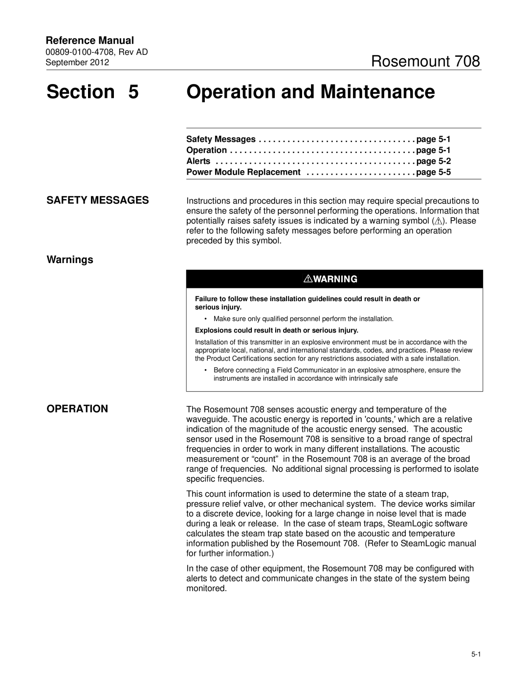 Emerson 708 manual Operation and Maintenance, Safety Messages Operation 