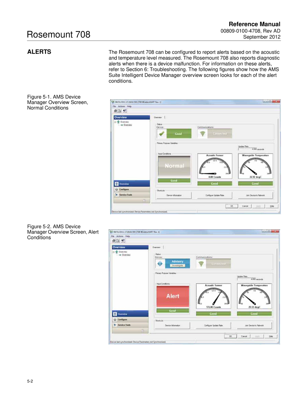 Emerson 708 manual Alerts, AMS Device Manager Overview Screen Normal Conditions 