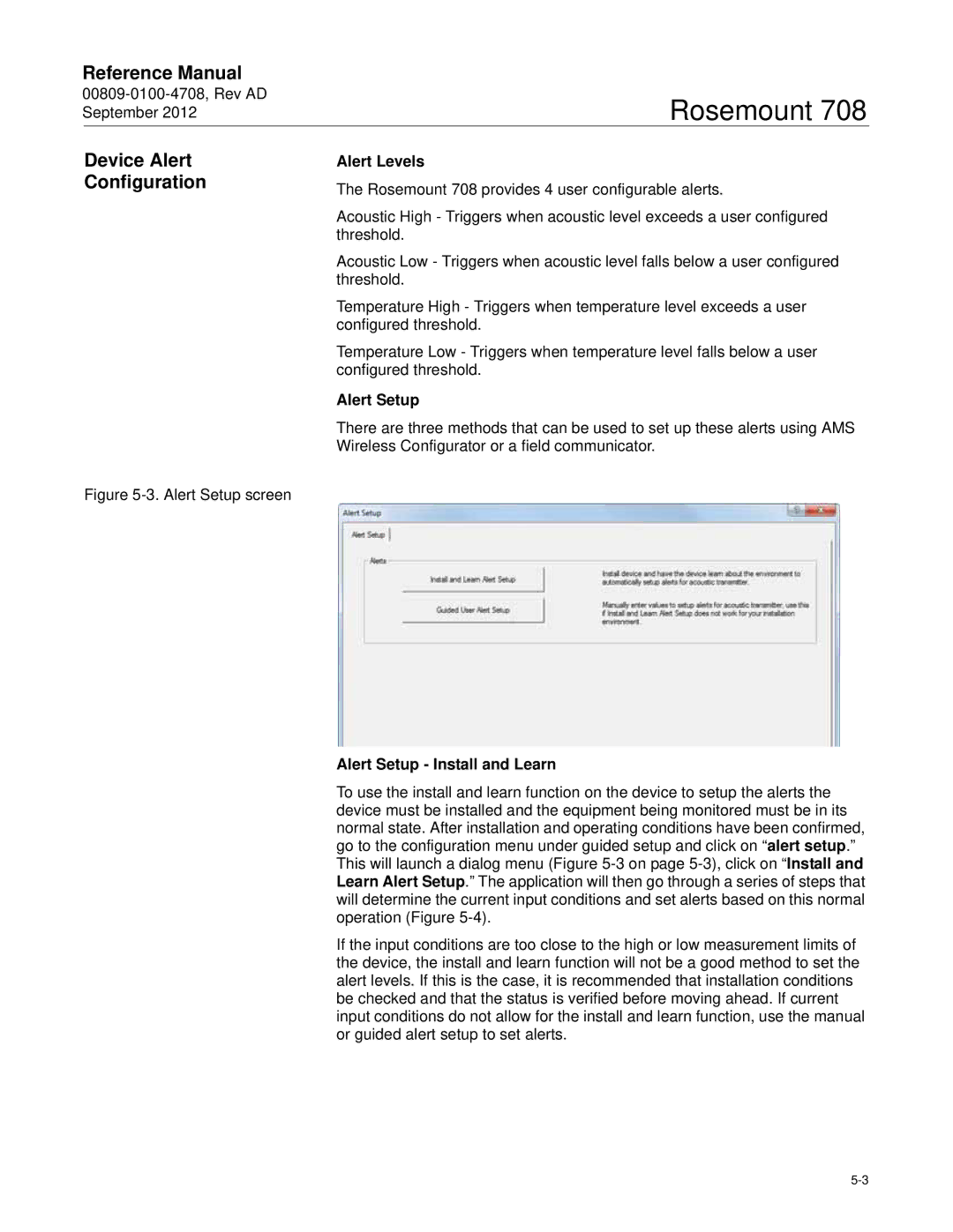 Emerson 708 manual Device Alert Configuration, Alert Levels, Alert Setup Install and Learn 