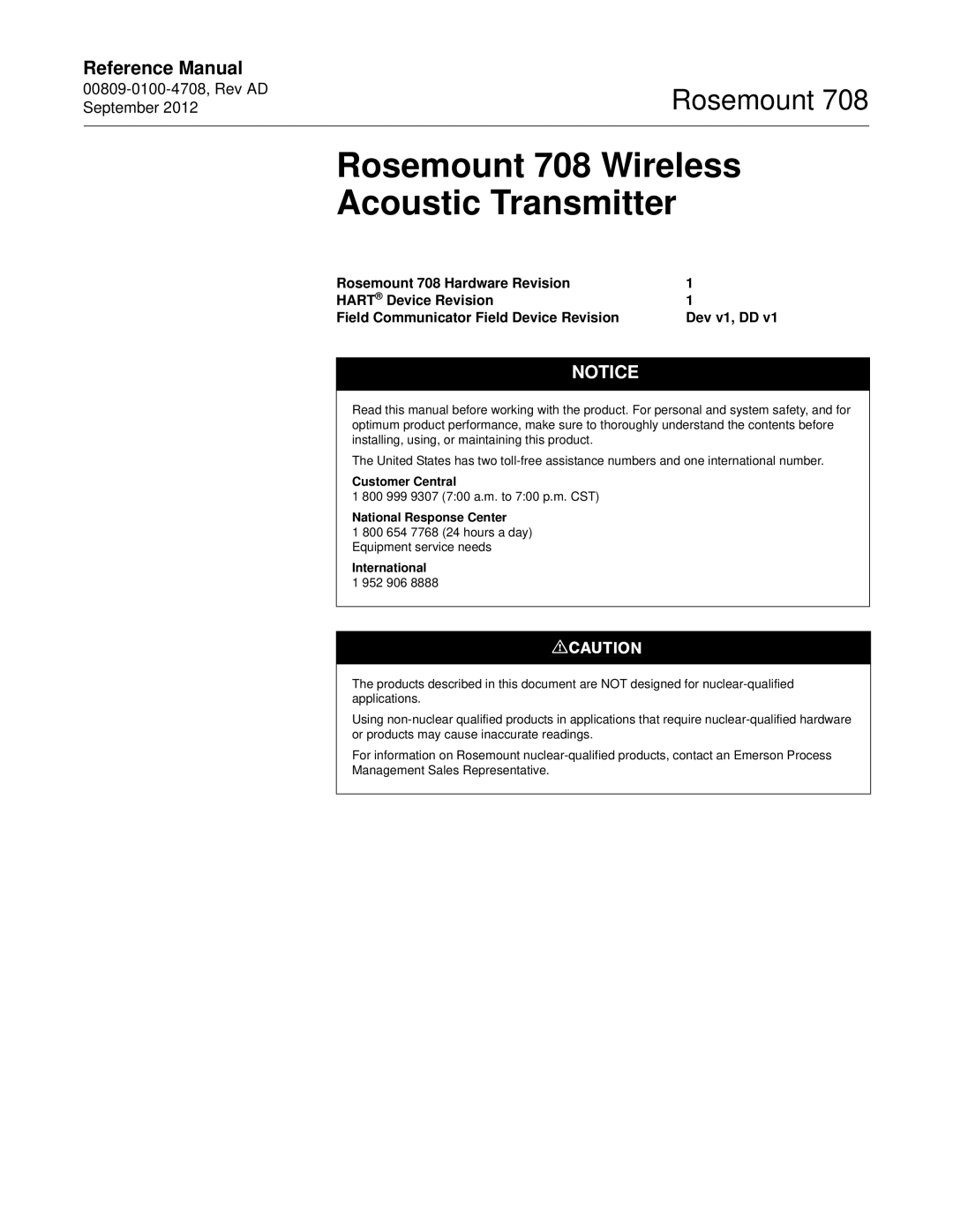 Emerson manual Rosemount 708 Wireless Acoustic Transmitter, Customer Central, National Response Center, International 