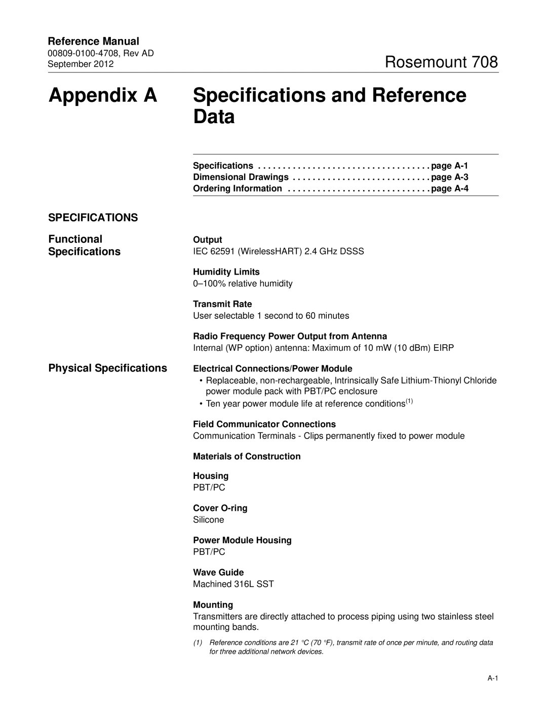 Emerson 708 manual Appendix a Specifications and Reference Data, Functional Specifications Physical Specifications 