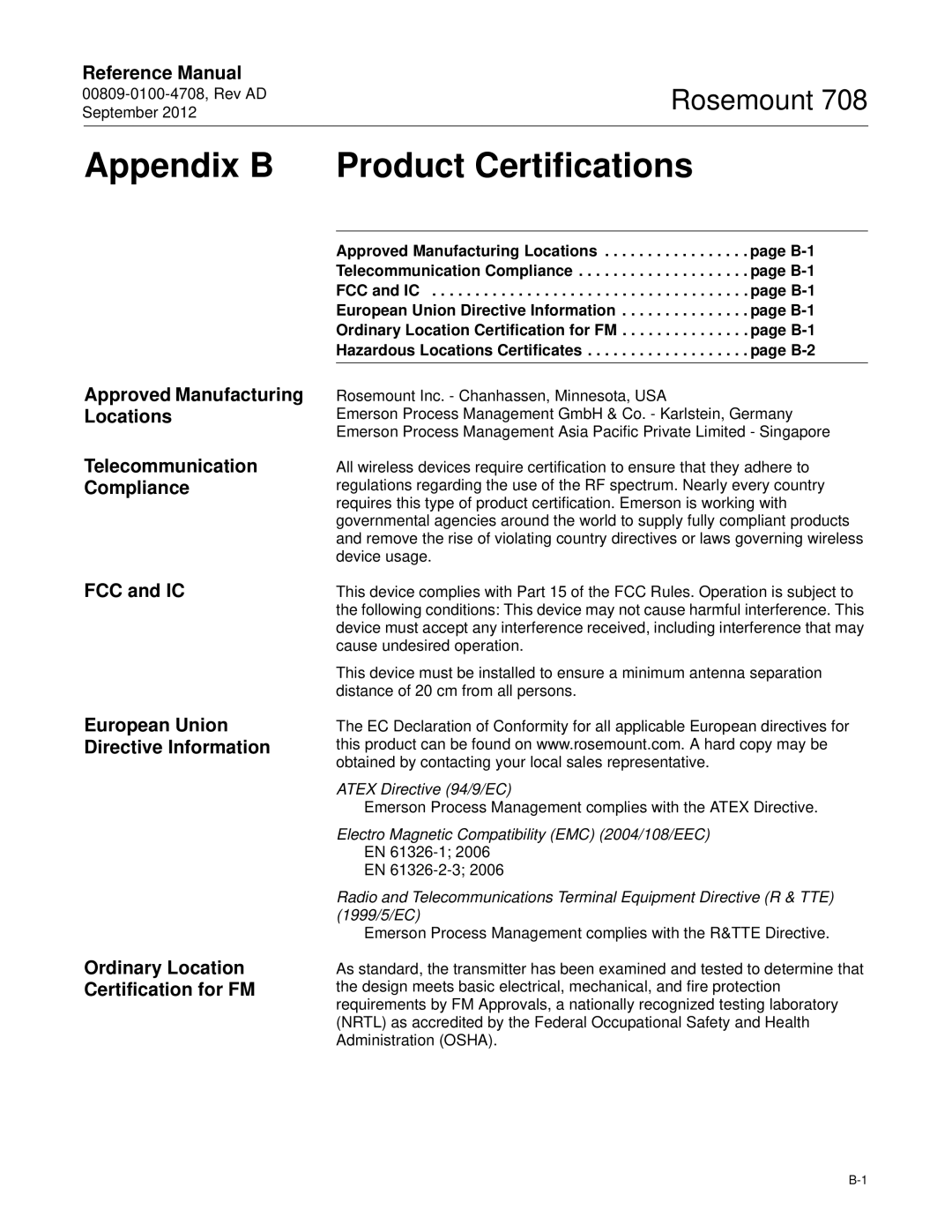 Emerson 708 manual Appendix B Product Certifications 