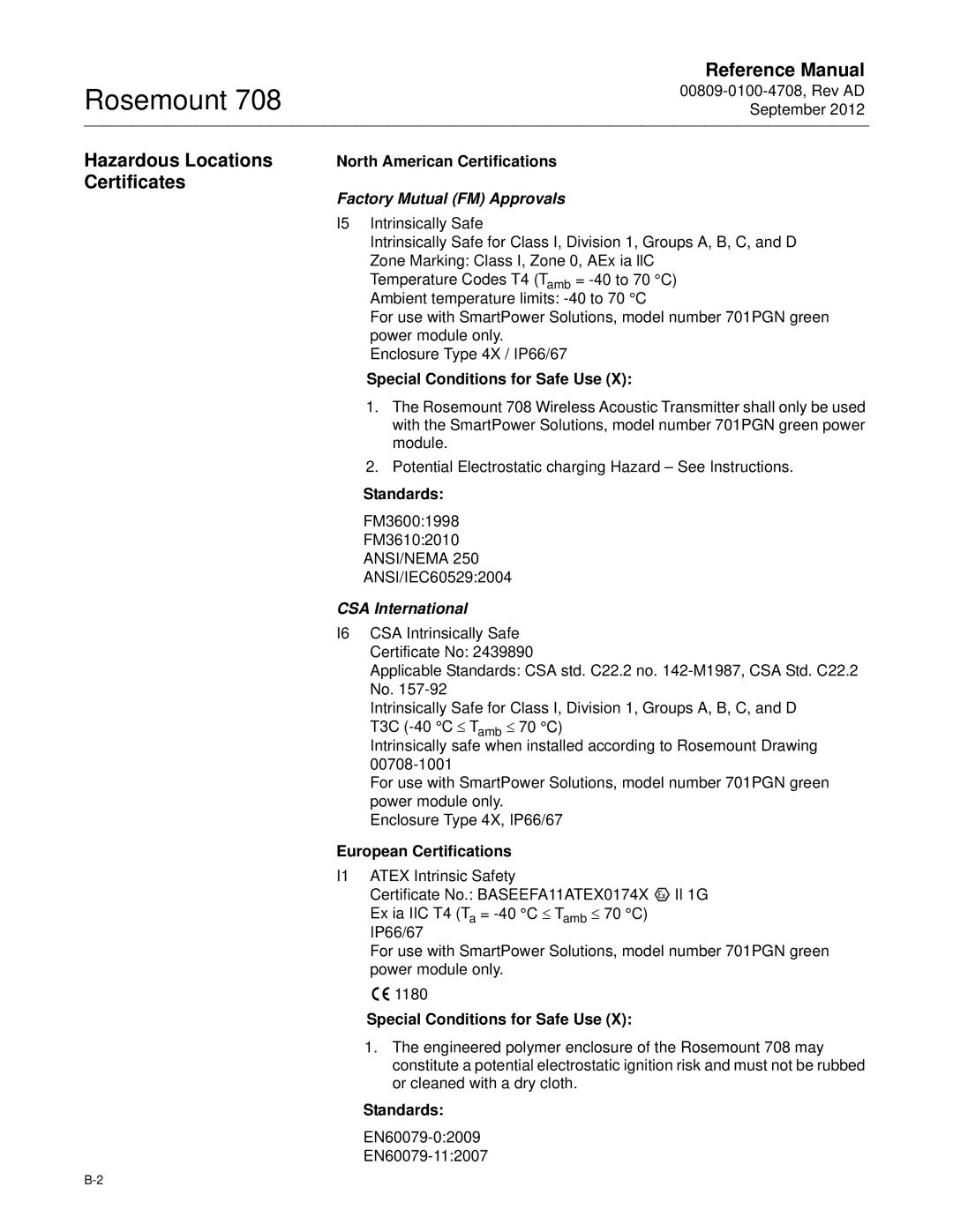 Emerson 708 Hazardous Locations Certificates, North American Certifications, Special Conditions for Safe Use, Standards 