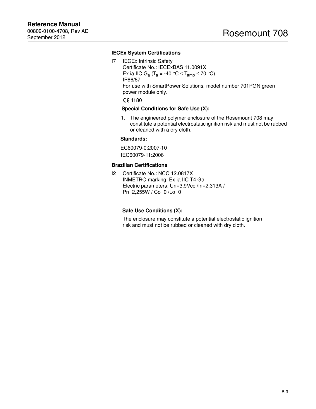 Emerson 708 manual IECEx System Certifications, Brazilian Certifications, Safe Use Conditions 