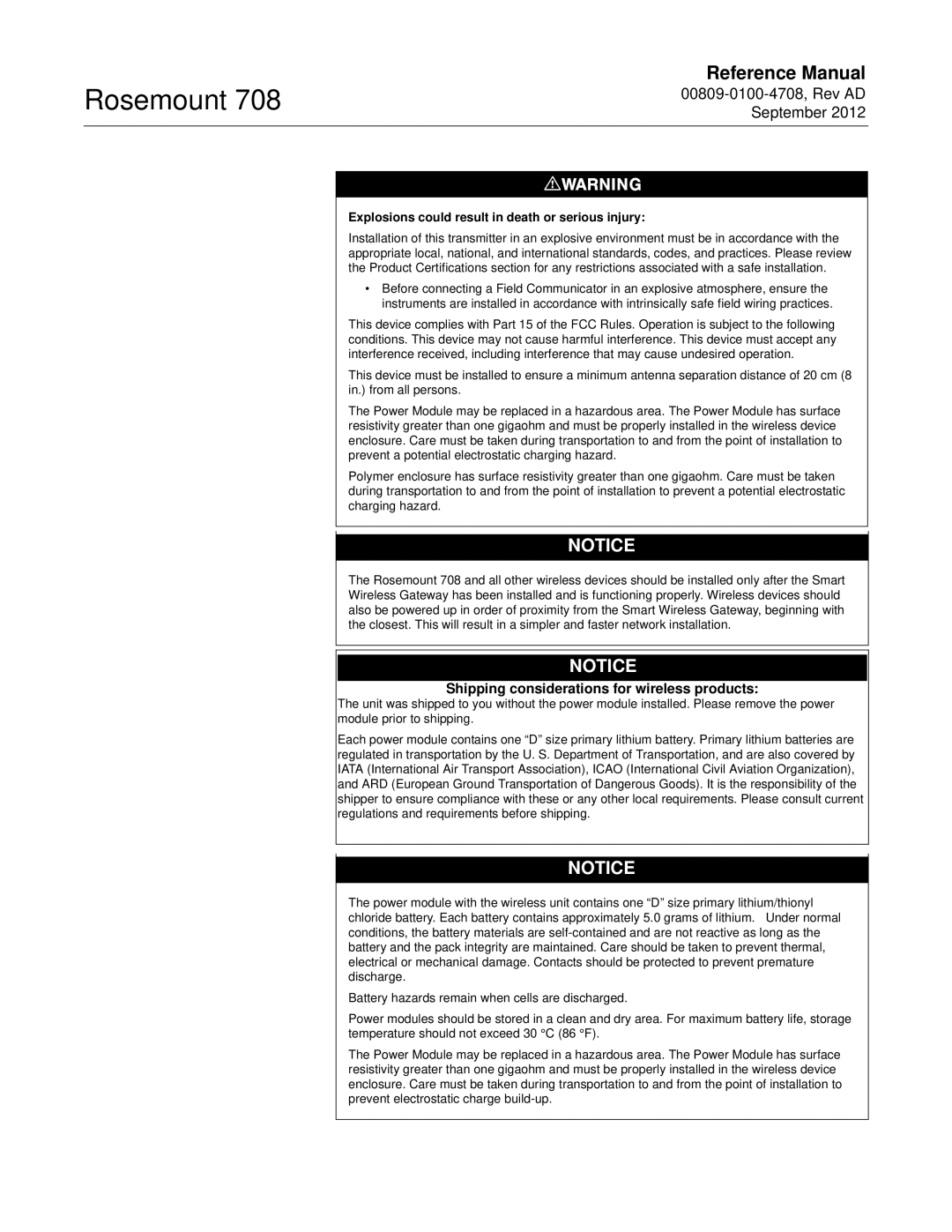 Emerson 708 manual Shipping considerations for wireless products, Explosions could result in death or serious injury 