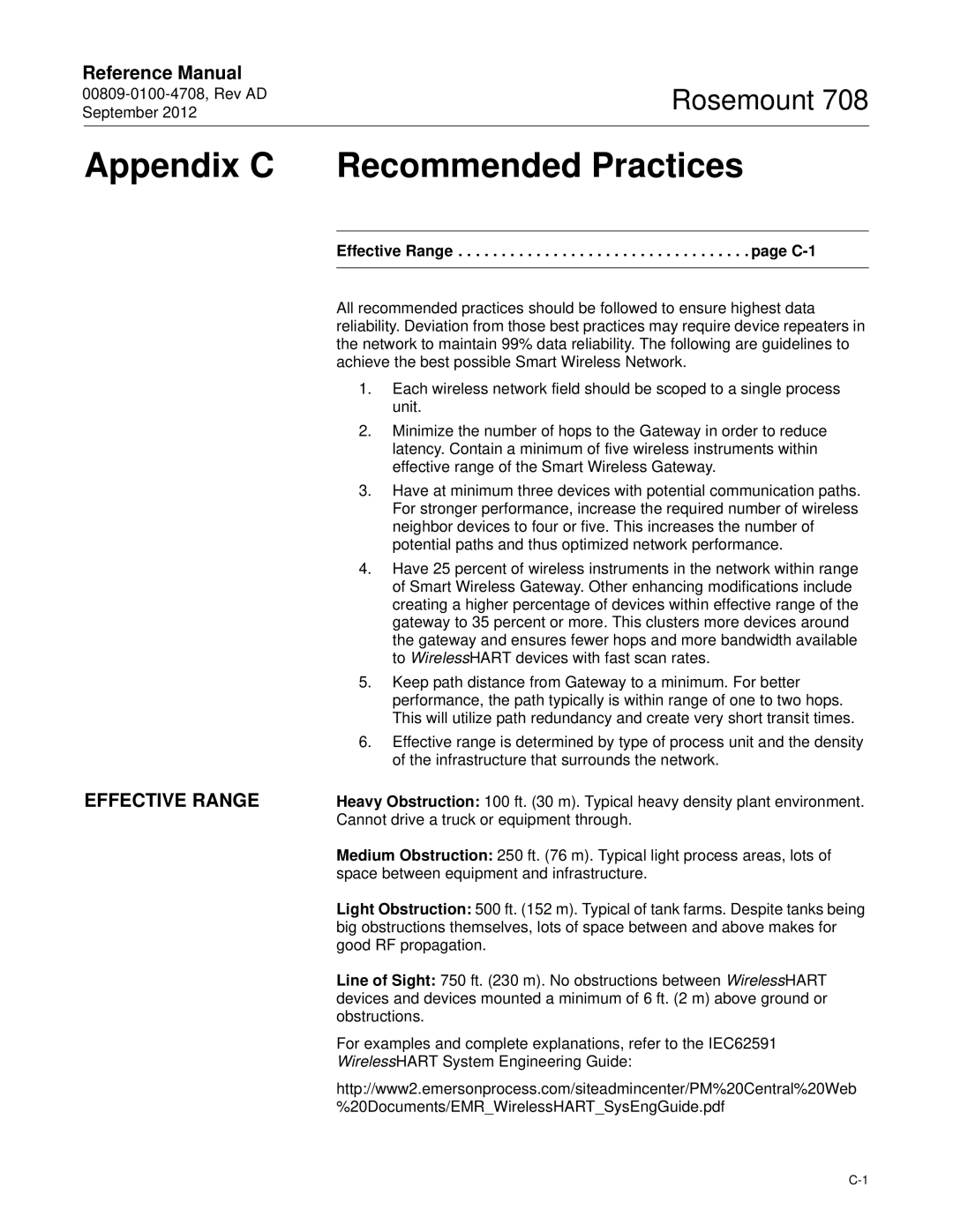 Emerson 708 manual Appendix C Recommended Practices, Effective Range 