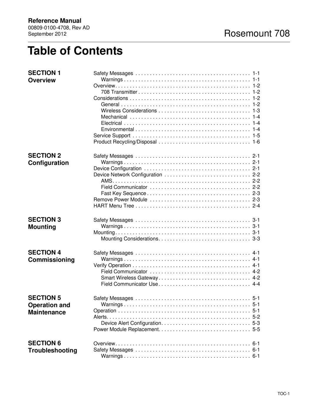 Emerson 708 manual Table of Contents 