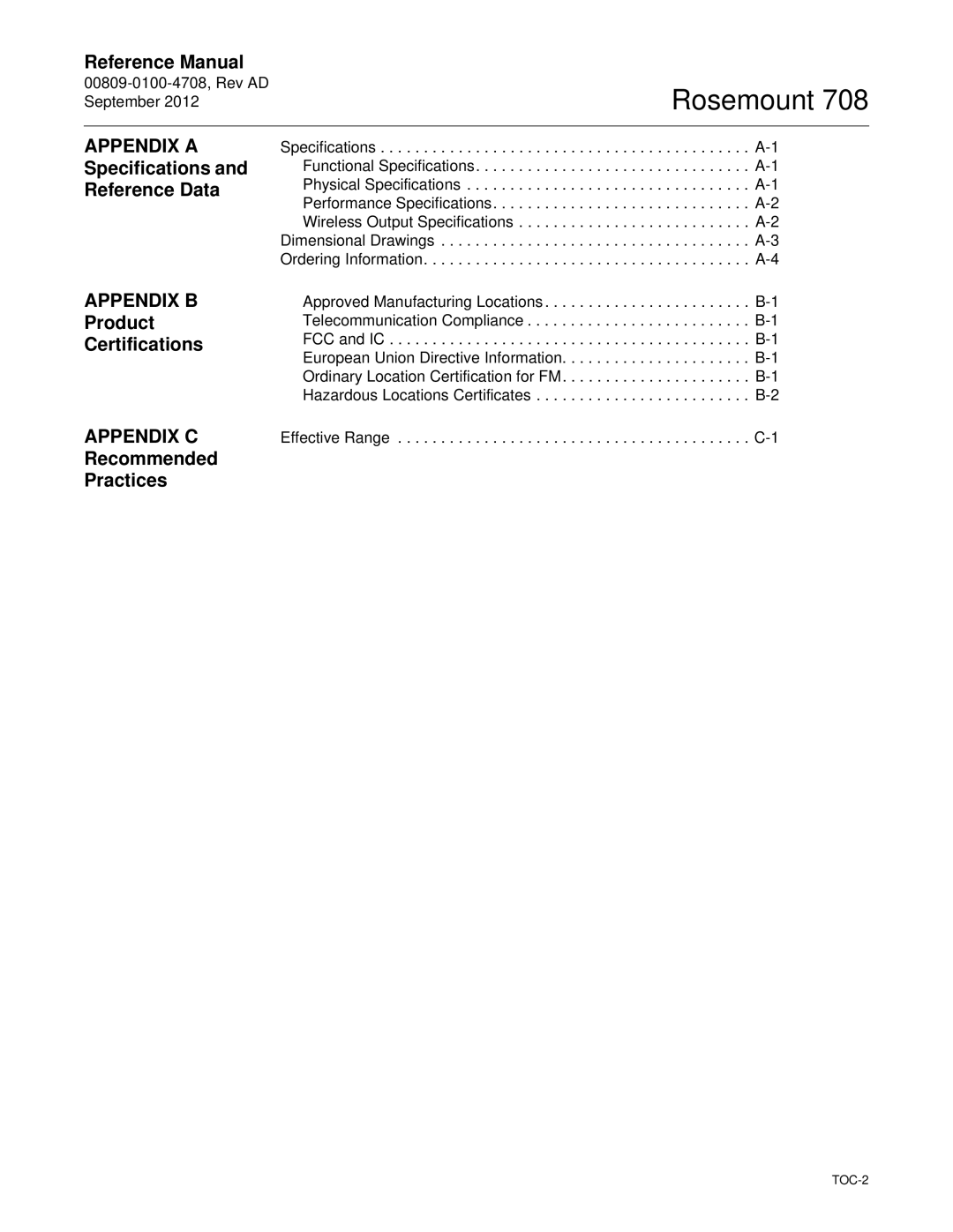 Emerson 708 manual Appendix a, Appendix B, Appendix C 