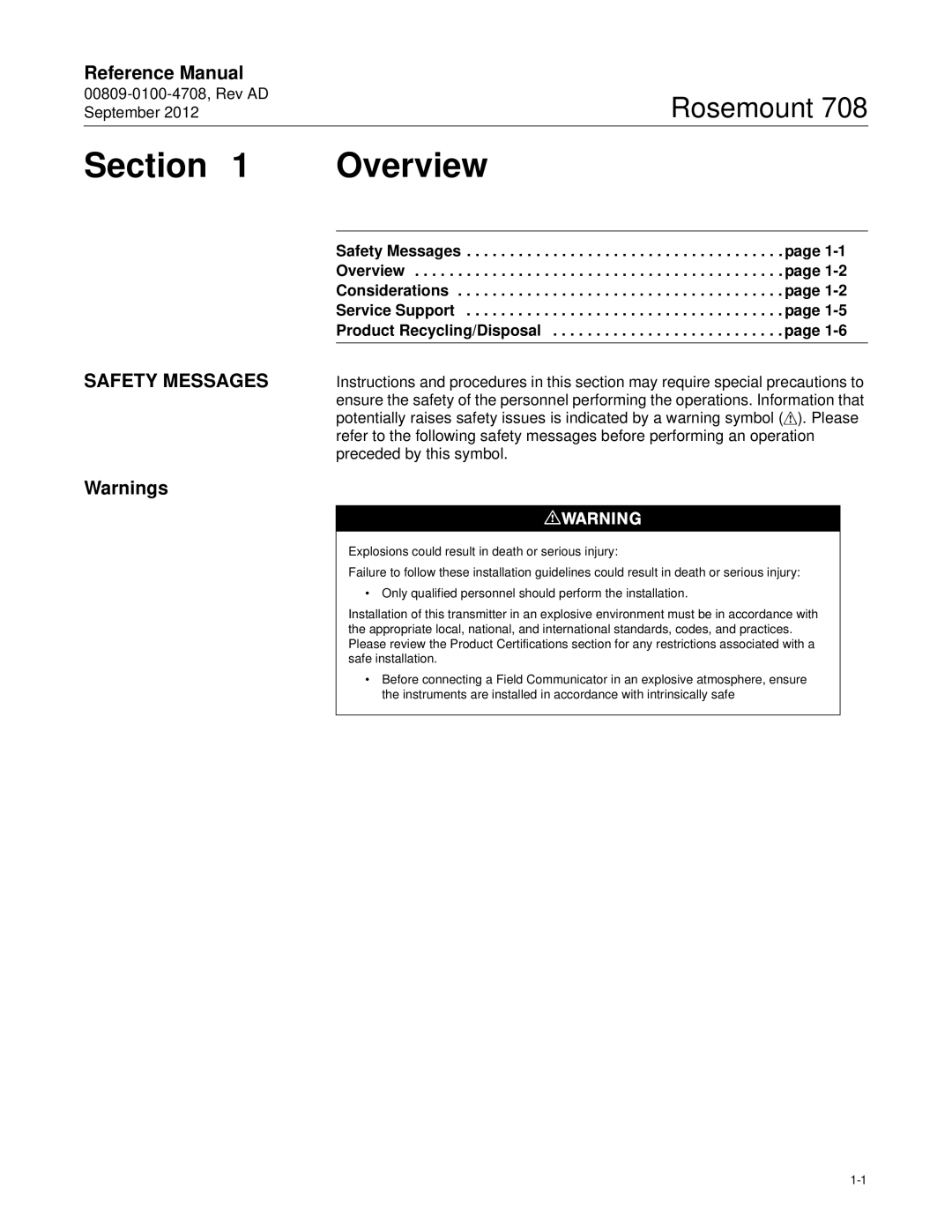 Emerson 708 manual Section Overview, Safety Messages 