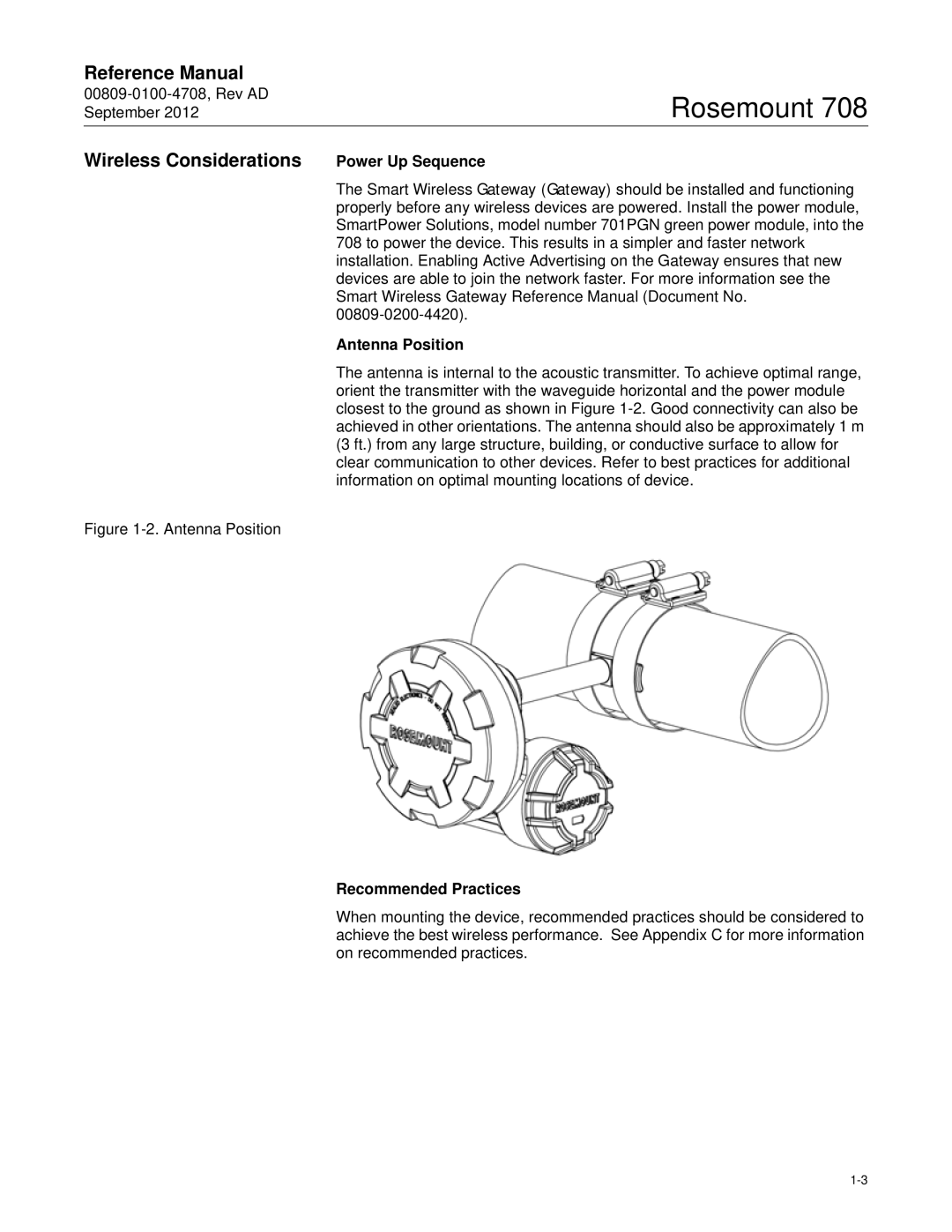 Emerson 708 manual Wireless Considerations, Power Up Sequence, Antenna Position, Recommended Practices 