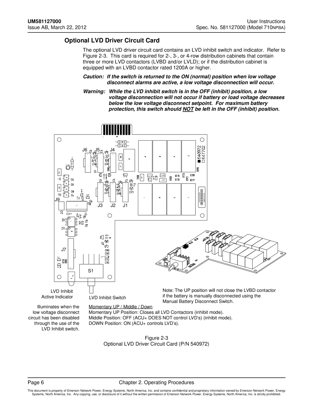 Emerson 710NPBA manual Optional LVD Driver Circuit Card P/N Operating Procedures 