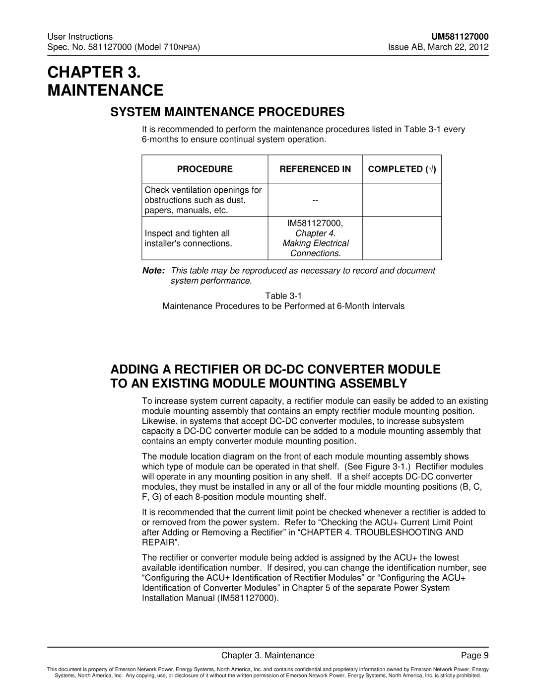 Emerson 710NPBA manual System Maintenance Procedures, Installers connections 