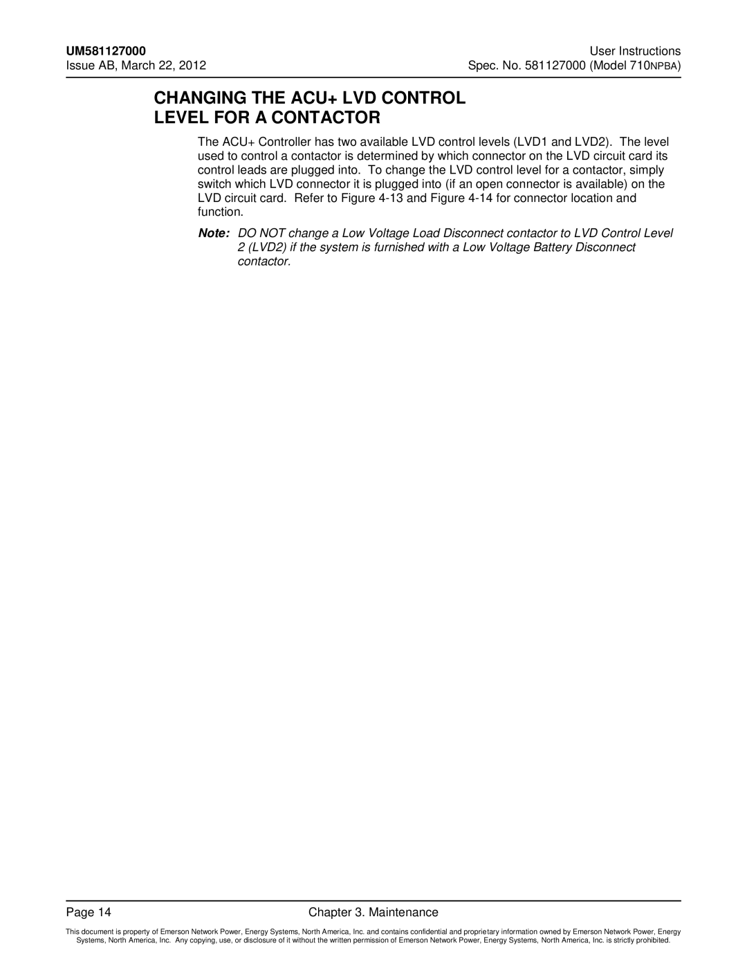 Emerson manual Changing the ACU+ LVD Control Level for a Contactor, Issue AB, March 22 Spec. No Model 710NPBA 