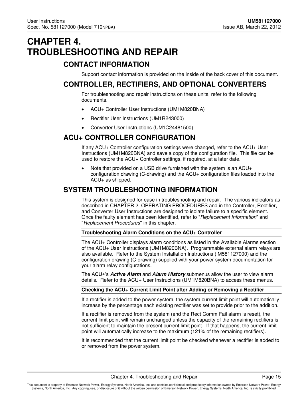 Emerson 710NPBA manual Contact Information, ACU+ Controller Configuration, System Troubleshooting Information 