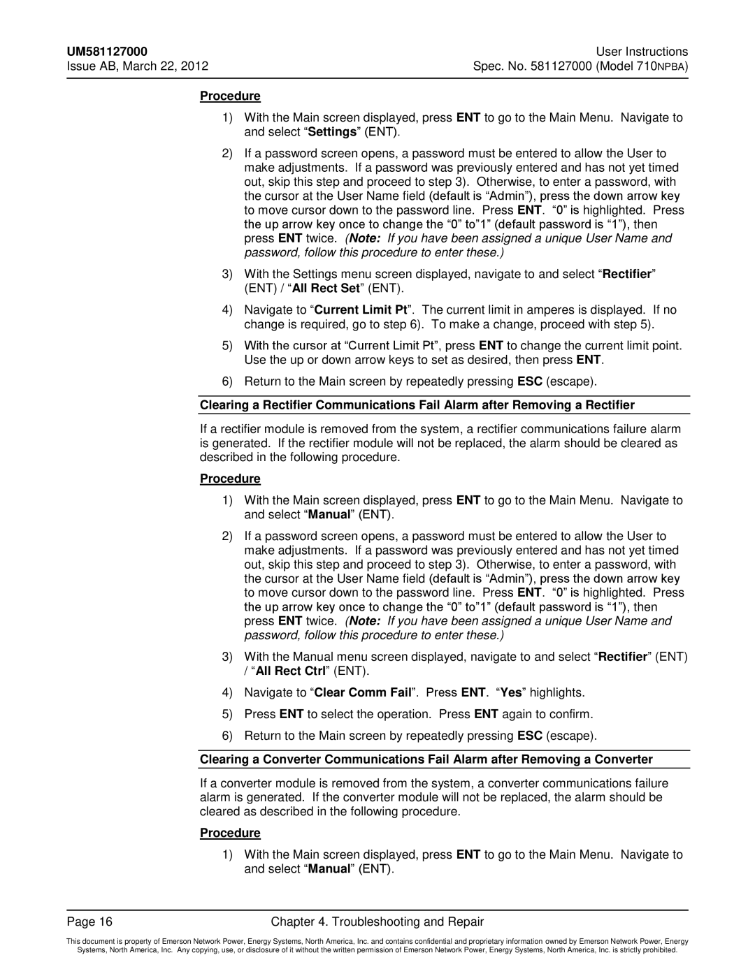 Emerson 710NPBA manual Procedure 