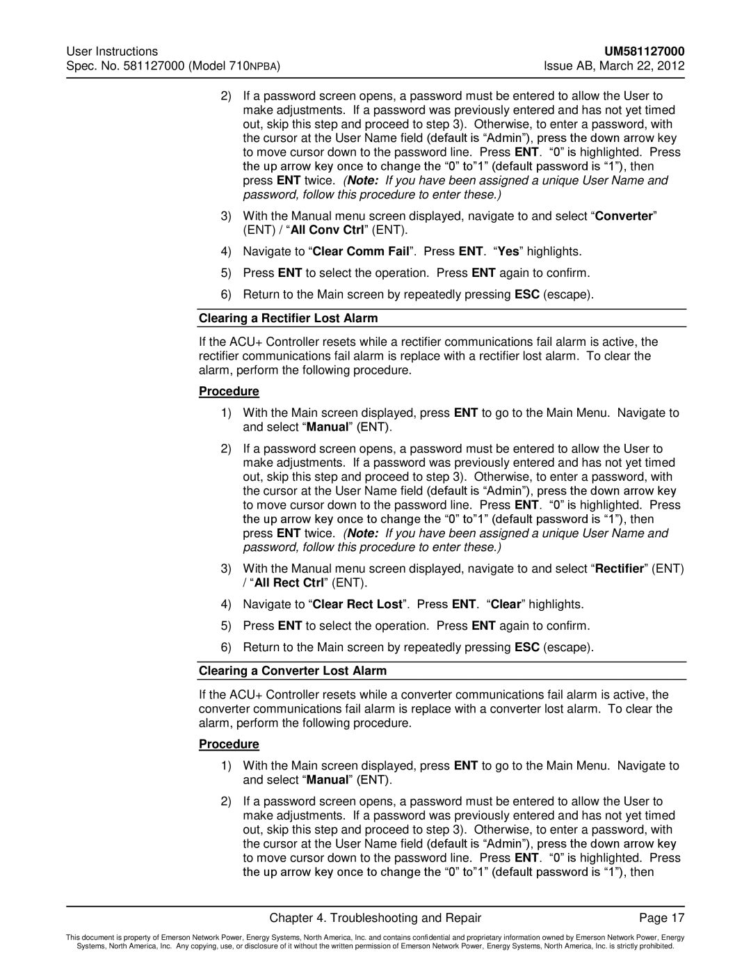 Emerson 710NPBA manual Clearing a Rectifier Lost Alarm, Clearing a Converter Lost Alarm 