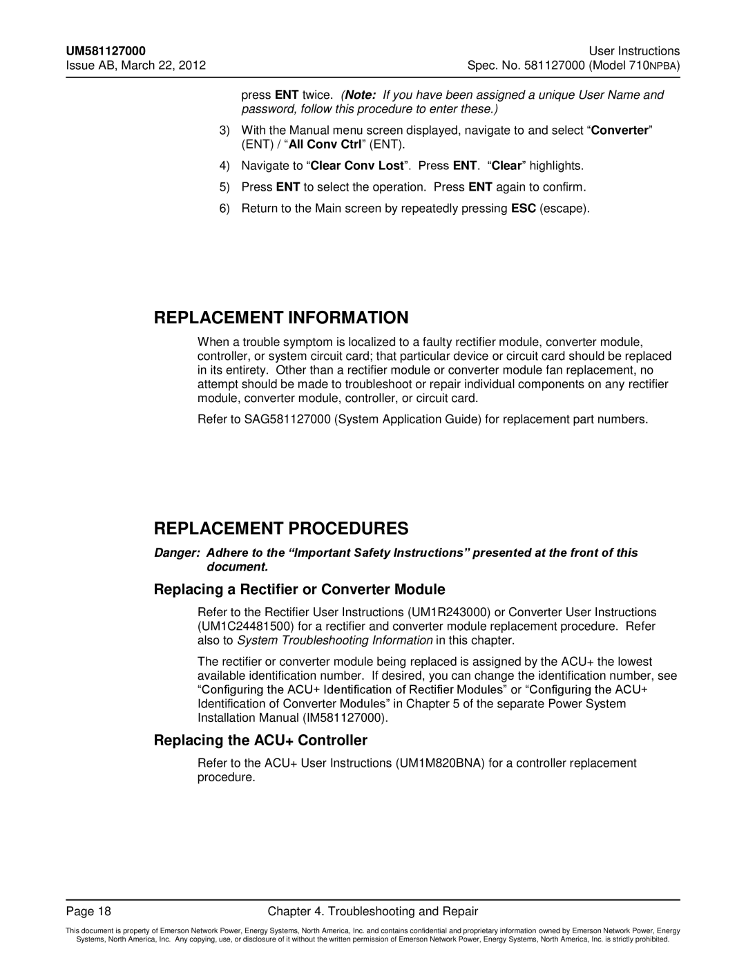 Emerson 710NPBA manual Replacement Information, Replacement Procedures, Replacing a Rectifier or Converter Module 