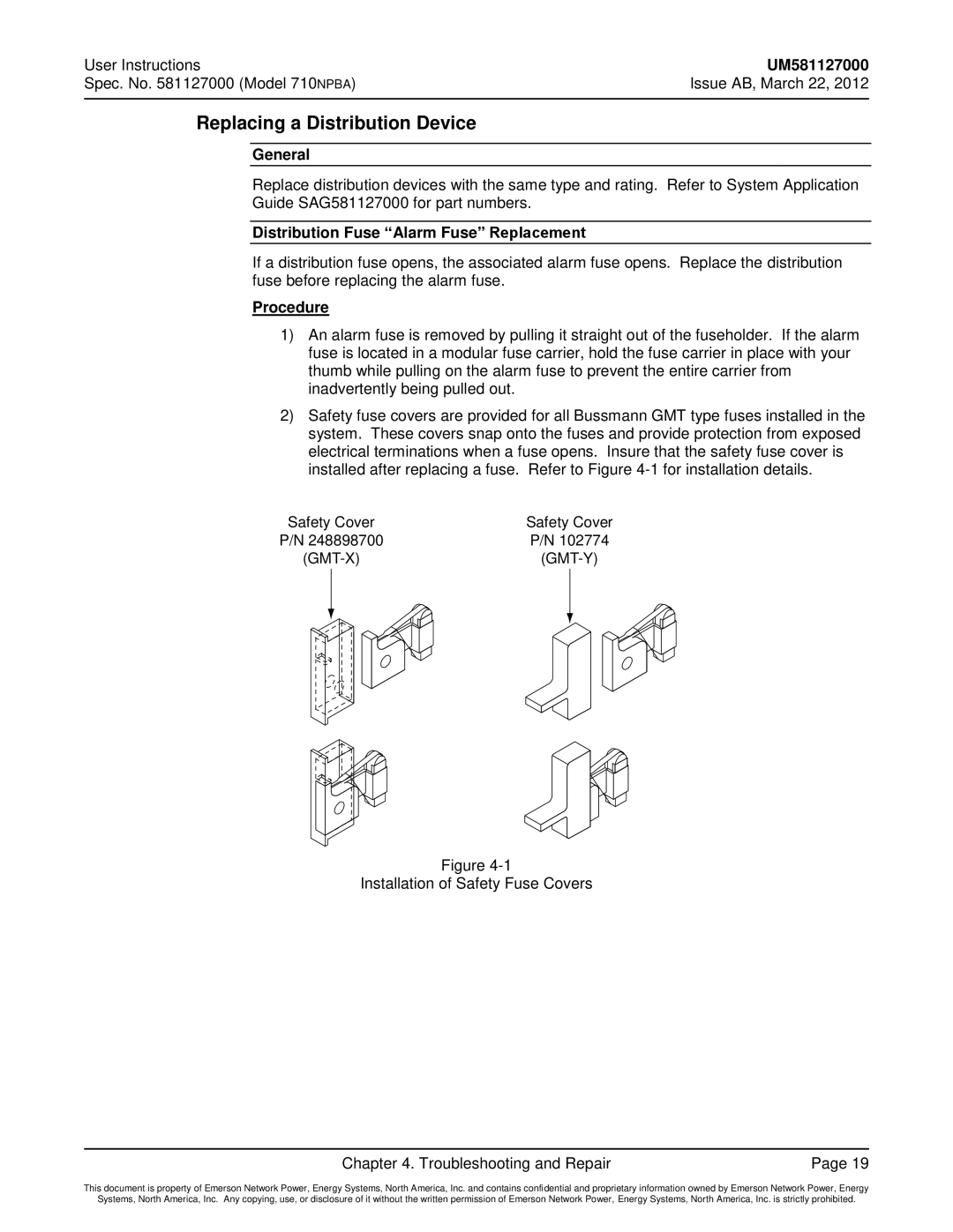 Emerson 710NPBA manual Replacing a Distribution Device, General, Distribution Fuse Alarm Fuse Replacement 