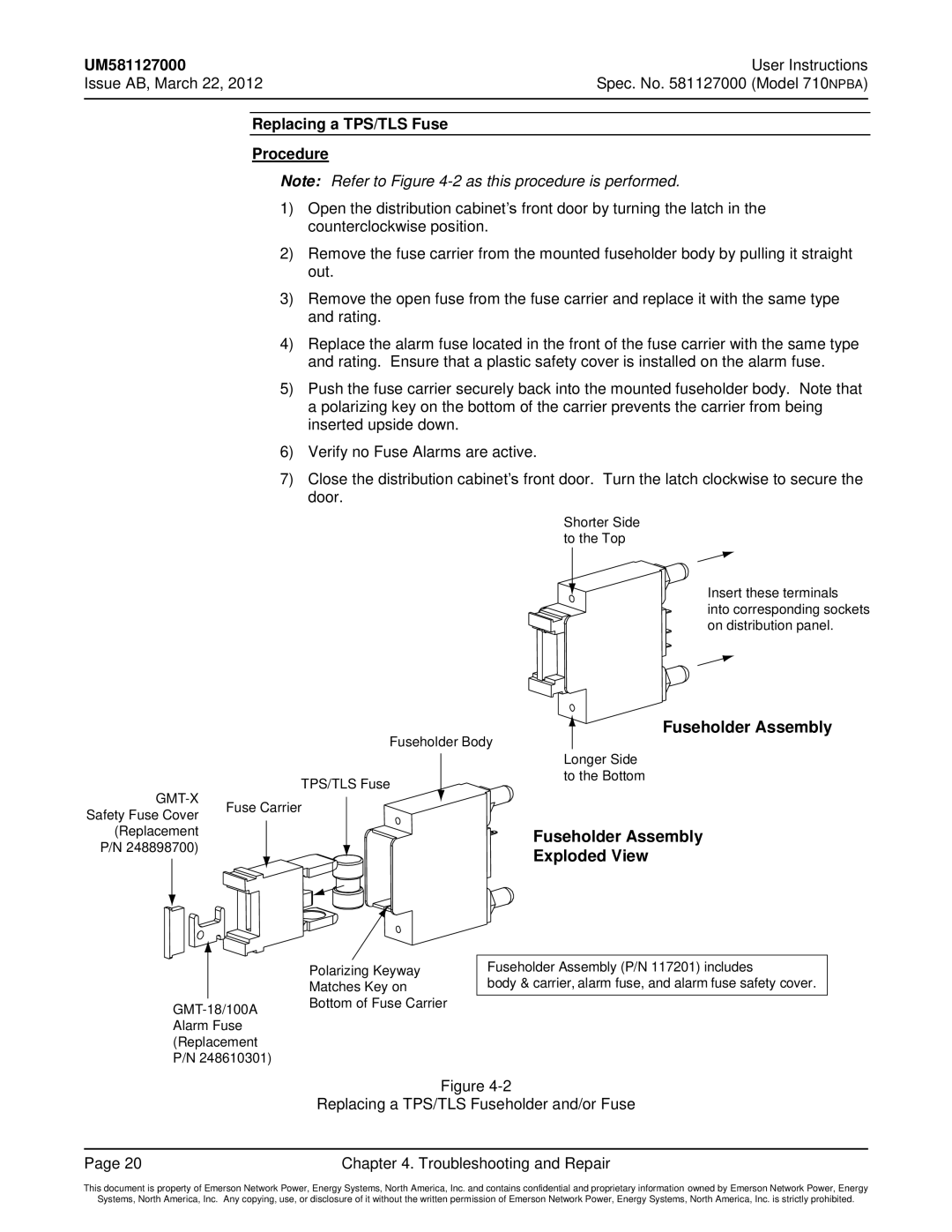 Emerson 710NPBA manual Replacing a TPS/TLS Fuse Procedure, Fuseholder Assembly 