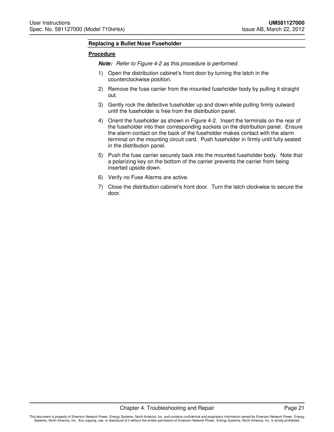 Emerson 710NPBA manual Replacing a Bullet Nose Fuseholder Procedure 