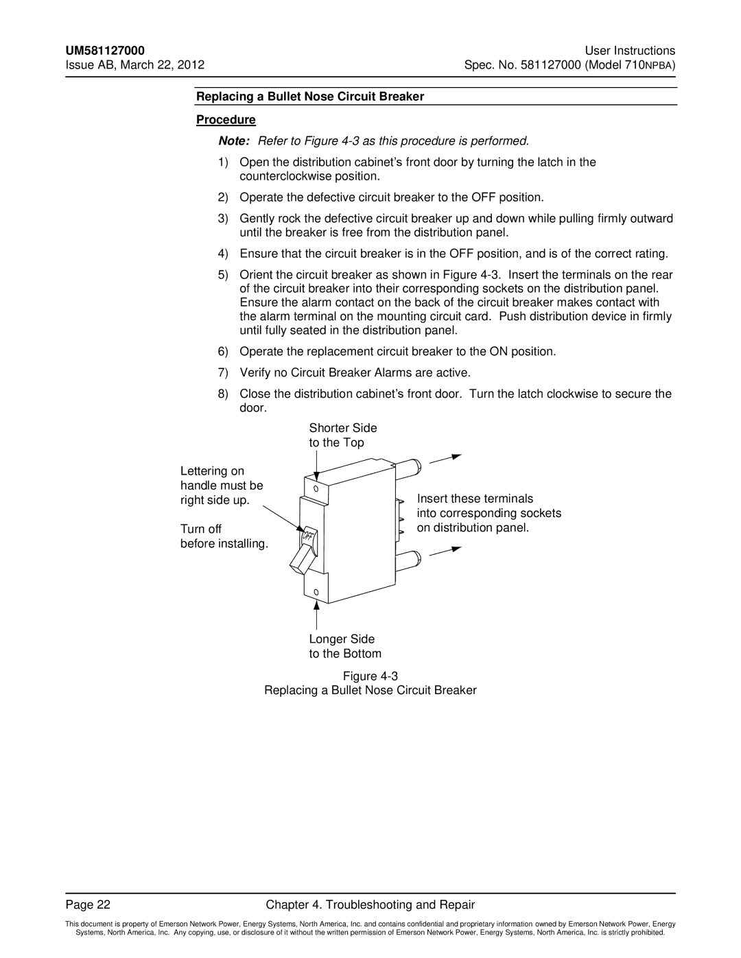 Emerson 710NPBA Replacing a Bullet Nose Circuit Breaker Procedure, Insert these terminals, Into corresponding sockets 