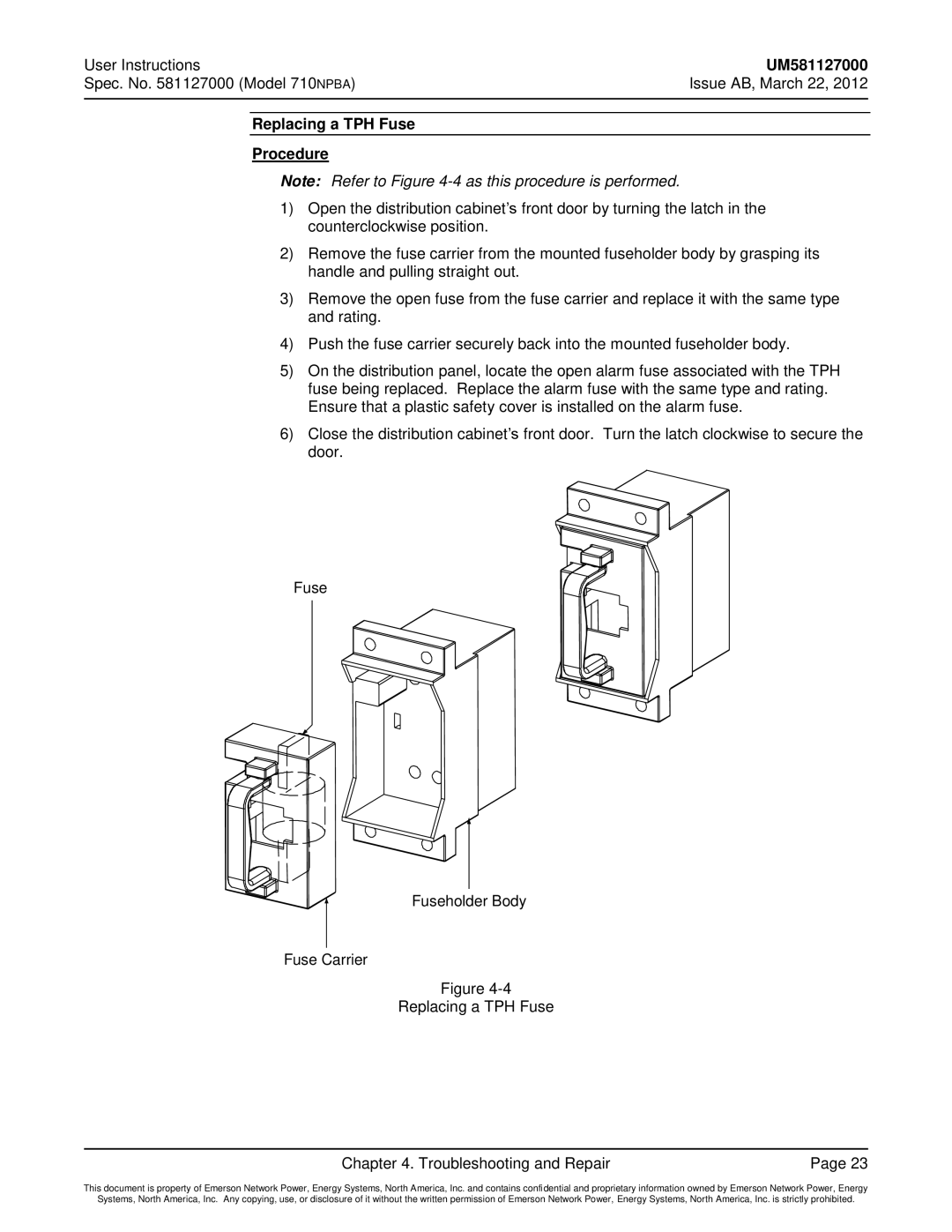 Emerson 710NPBA manual Replacing a TPH Fuse Procedure 